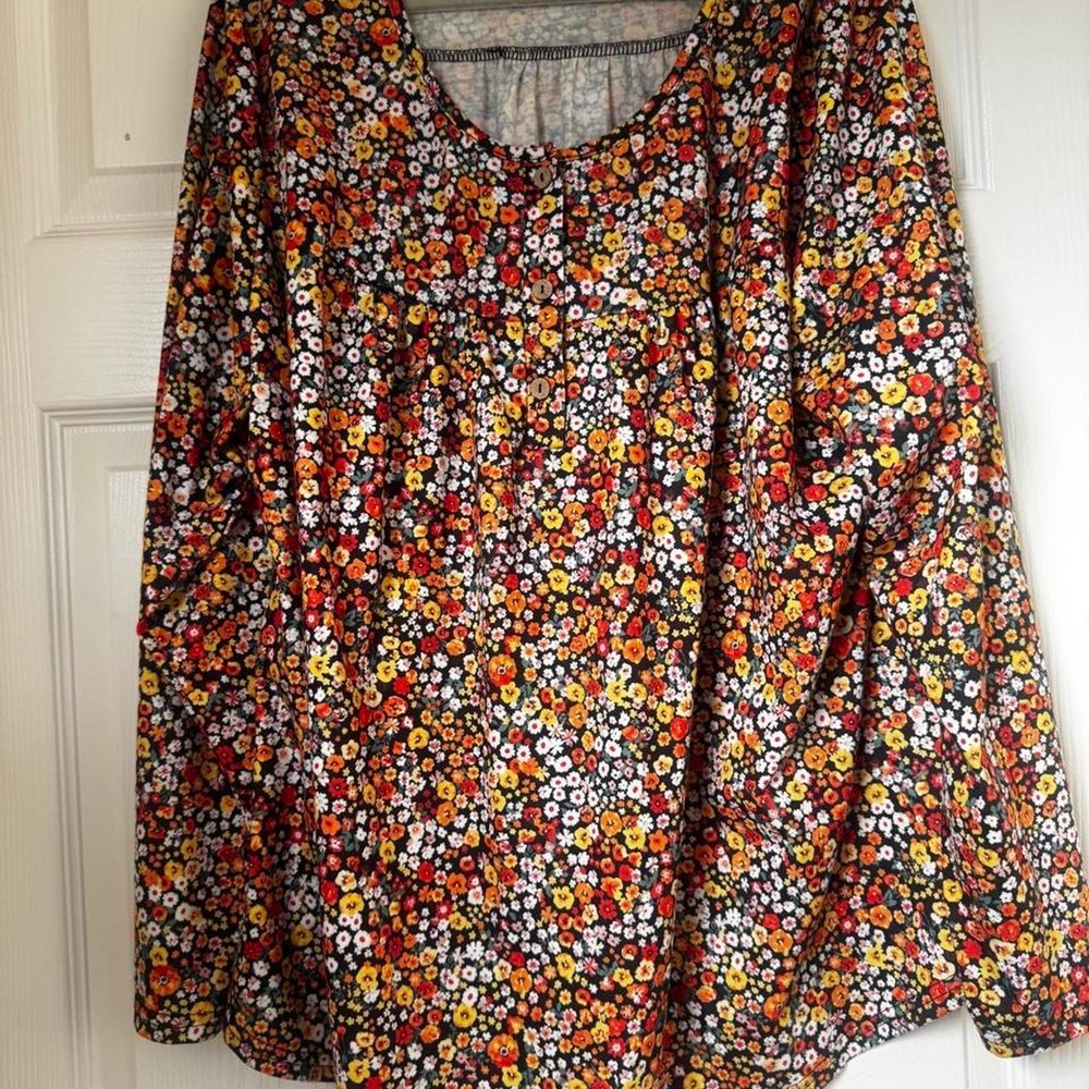 Floral Long Sleeve Button Front Blouse Orange Yellow Ditsy Print 3XL